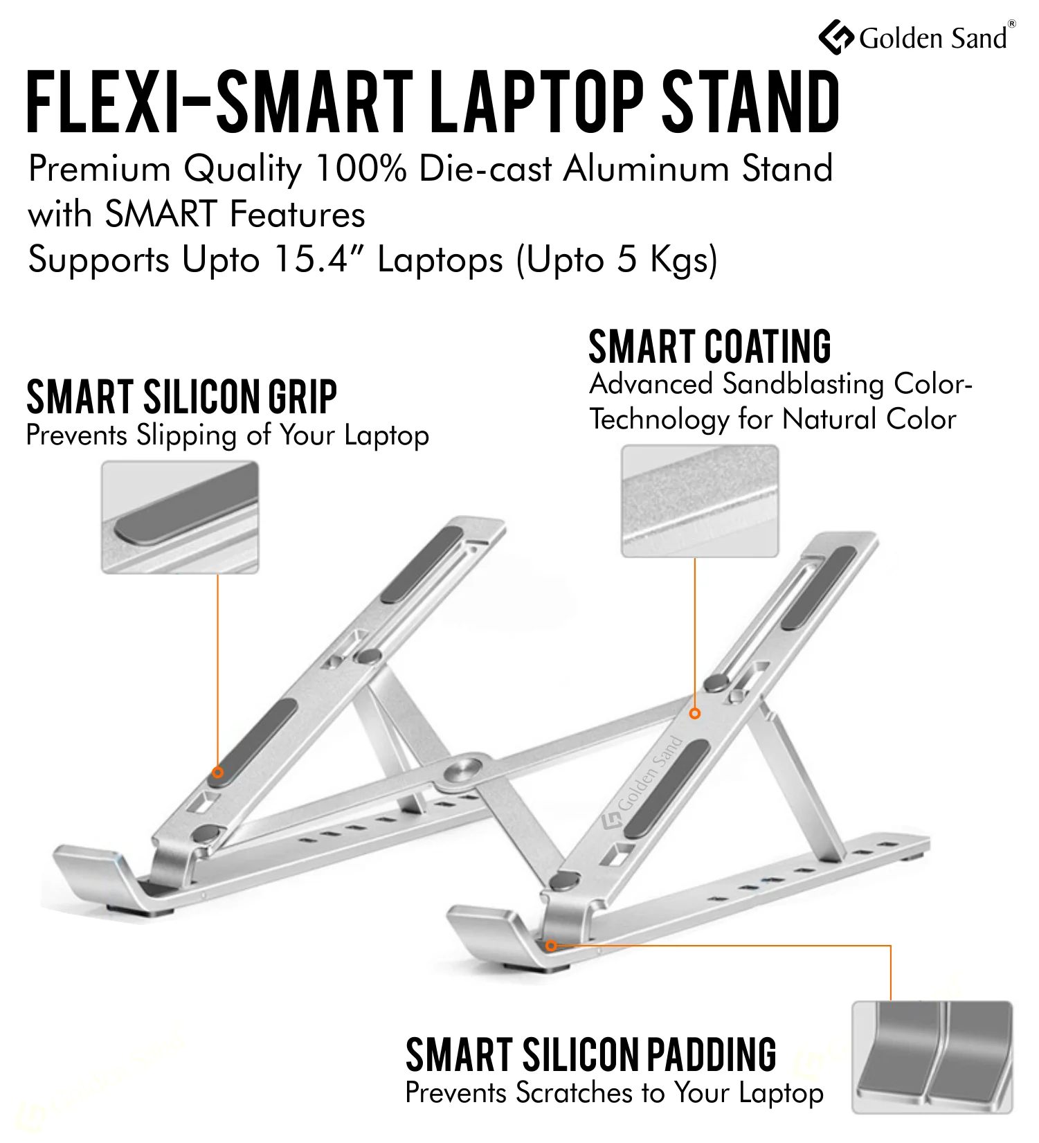 Golden Sand FlexiSmart Laptop Holder Stand, Foldable Height Adjustable Metal Frame, Ergonomic, Over Heating Protection, for all Laptops & MacBooks - Image 2