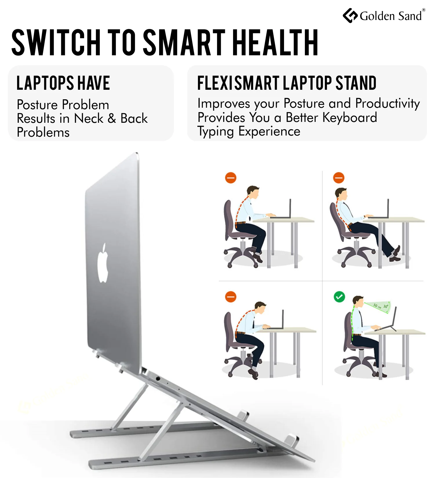 Golden Sand FlexiSmart Laptop Holder Stand, Foldable Height Adjustable Metal Frame, Ergonomic, Over Heating Protection, for all Laptops & MacBooks - Image 5