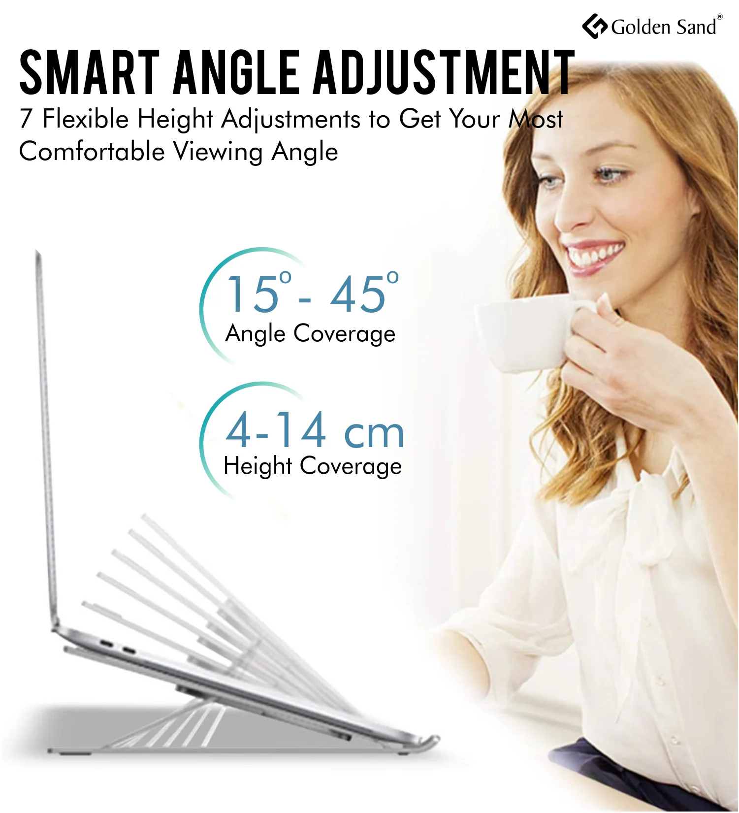 Golden Sand FlexiSmart Laptop Holder Stand, Foldable Height Adjustable Metal Frame, Ergonomic, Over Heating Protection, for all Laptops & MacBooks - Image 6