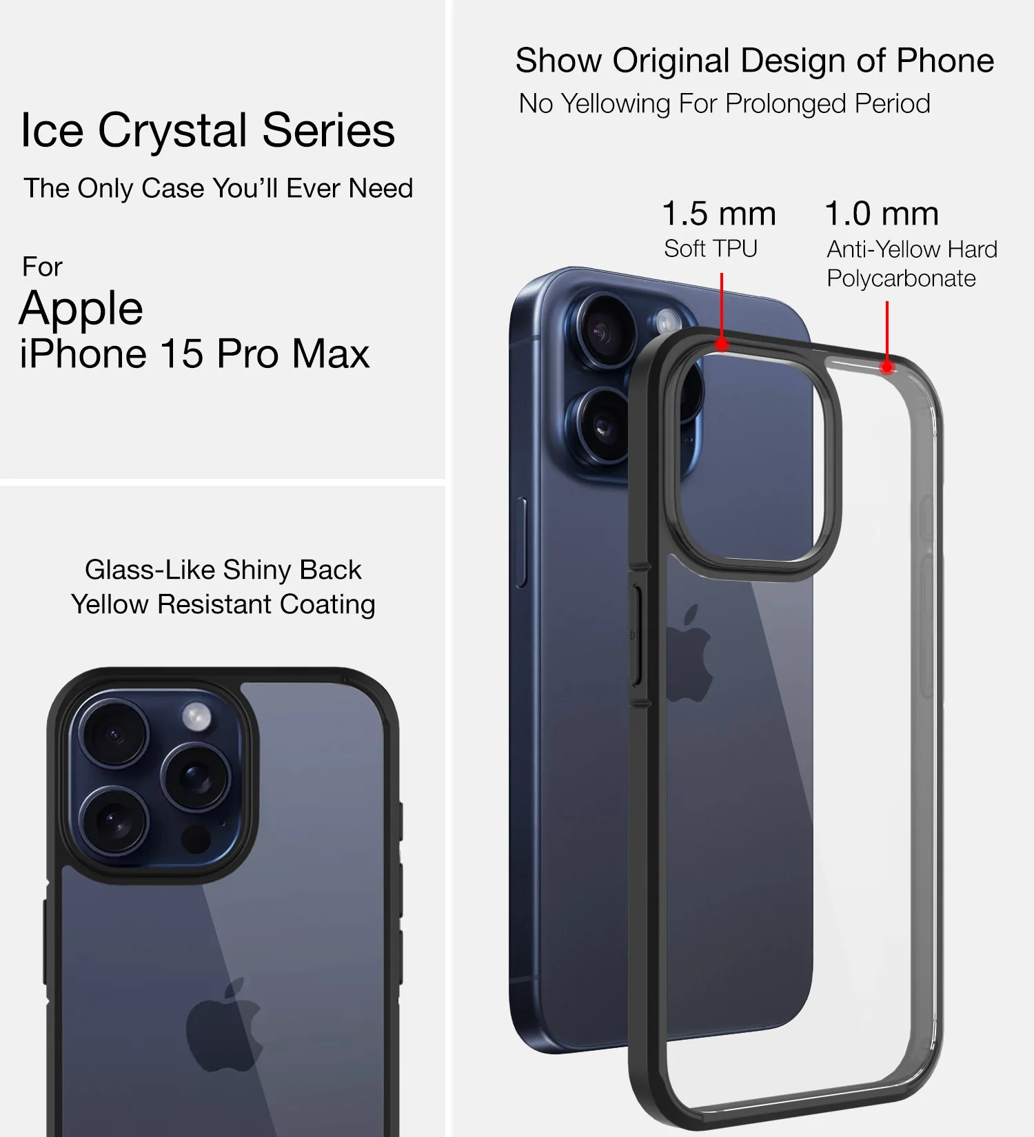 Apple iPhone 15 Pro Max (6.7 inch) Back Cover | Ice Crystal Series [Anti Yellow], Black - Image 3