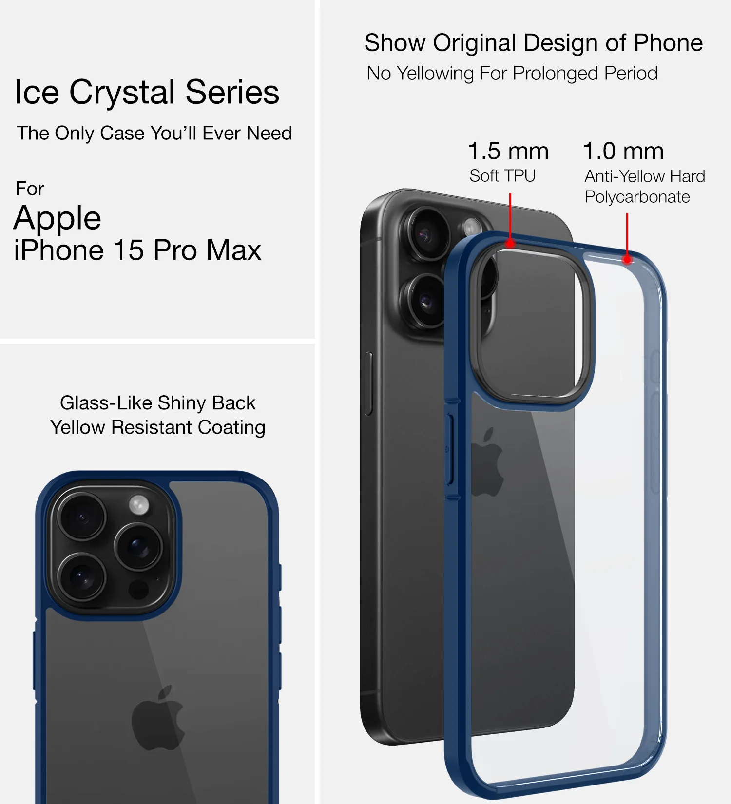 Apple iPhone 15 Pro Max (6.7 inch) Back Cover | Ice Crystal Series [Anti Yellow], Blue - Image 3