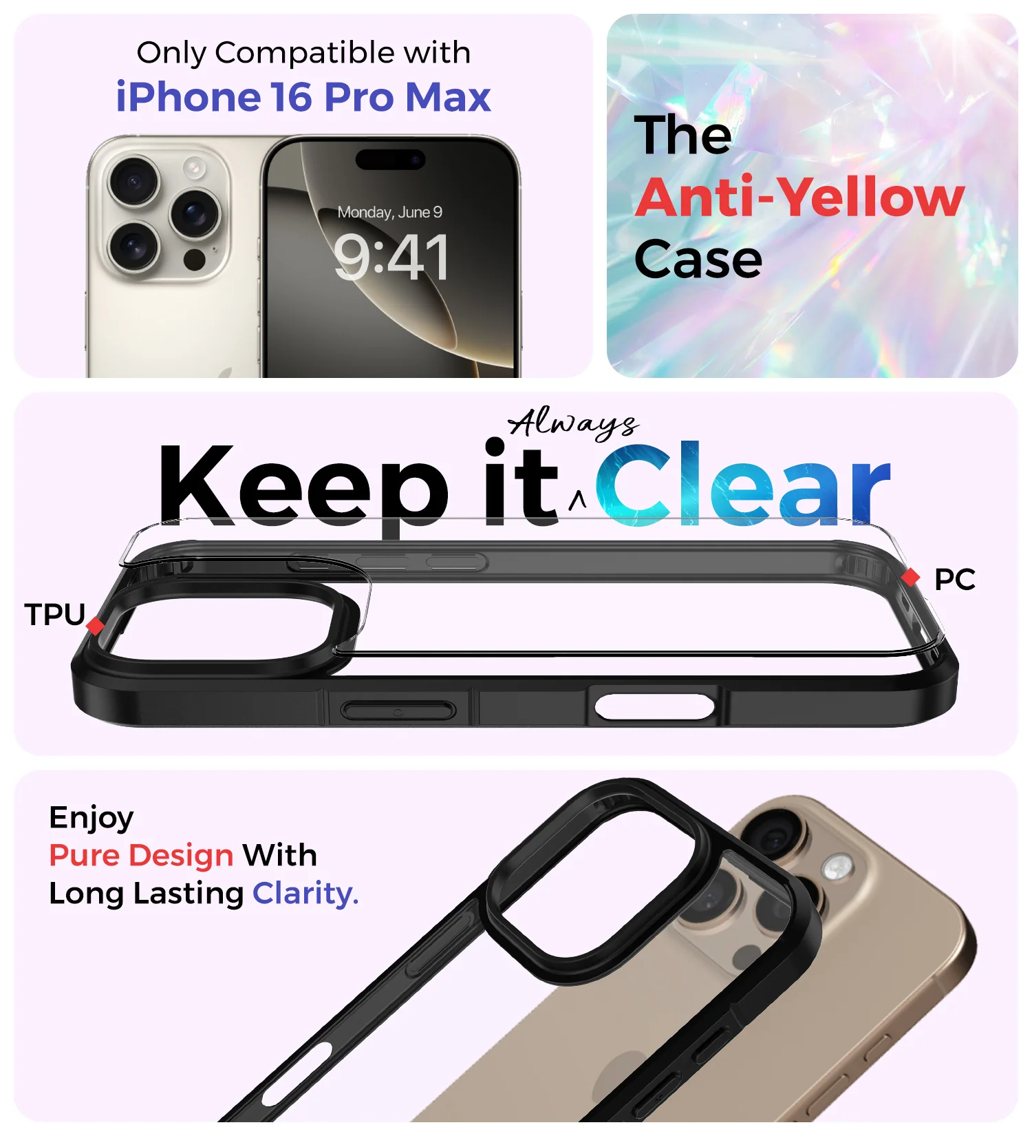 Apple iPhone 16 Pro Max (6.9 inch) Back Cover | Ice Crystal Series [Anti Yellow], (Transparent Black) - Image 2