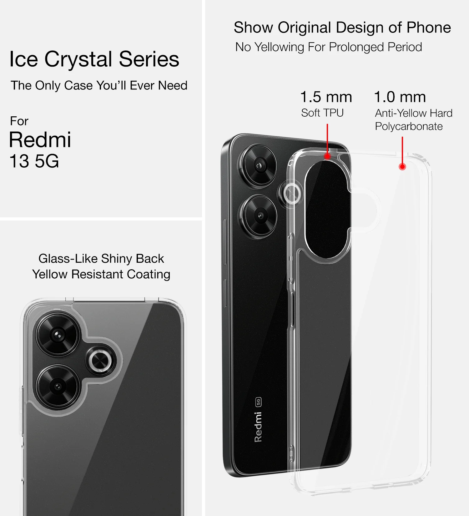 Poco M6 Plus 5G, Redmi 13 5G (6.79 inch) Back Cover | Ice Crystal Series, Crystal Clear - Image 2