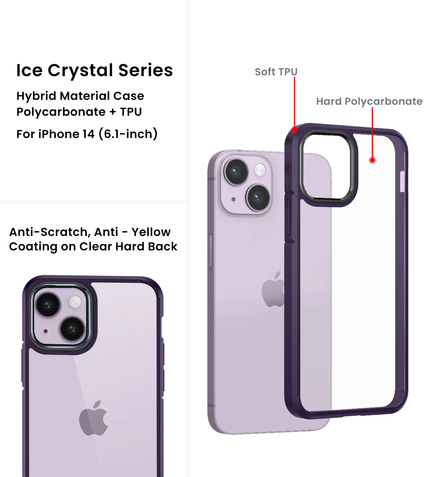 Apple iPhone 14 (6.1 inch) Back Cover | Ice Crystal Series [Anti Yellow], Purple - Image 2