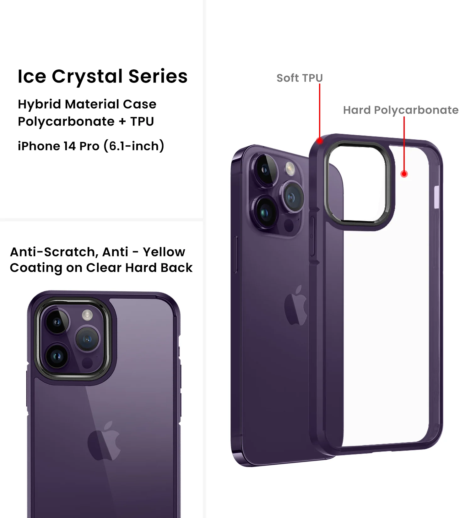 Apple iPhone 14 Pro (6.1 inch) Back Cover | Ice Crystal Series [Anti Yellow], Purple - Image 2