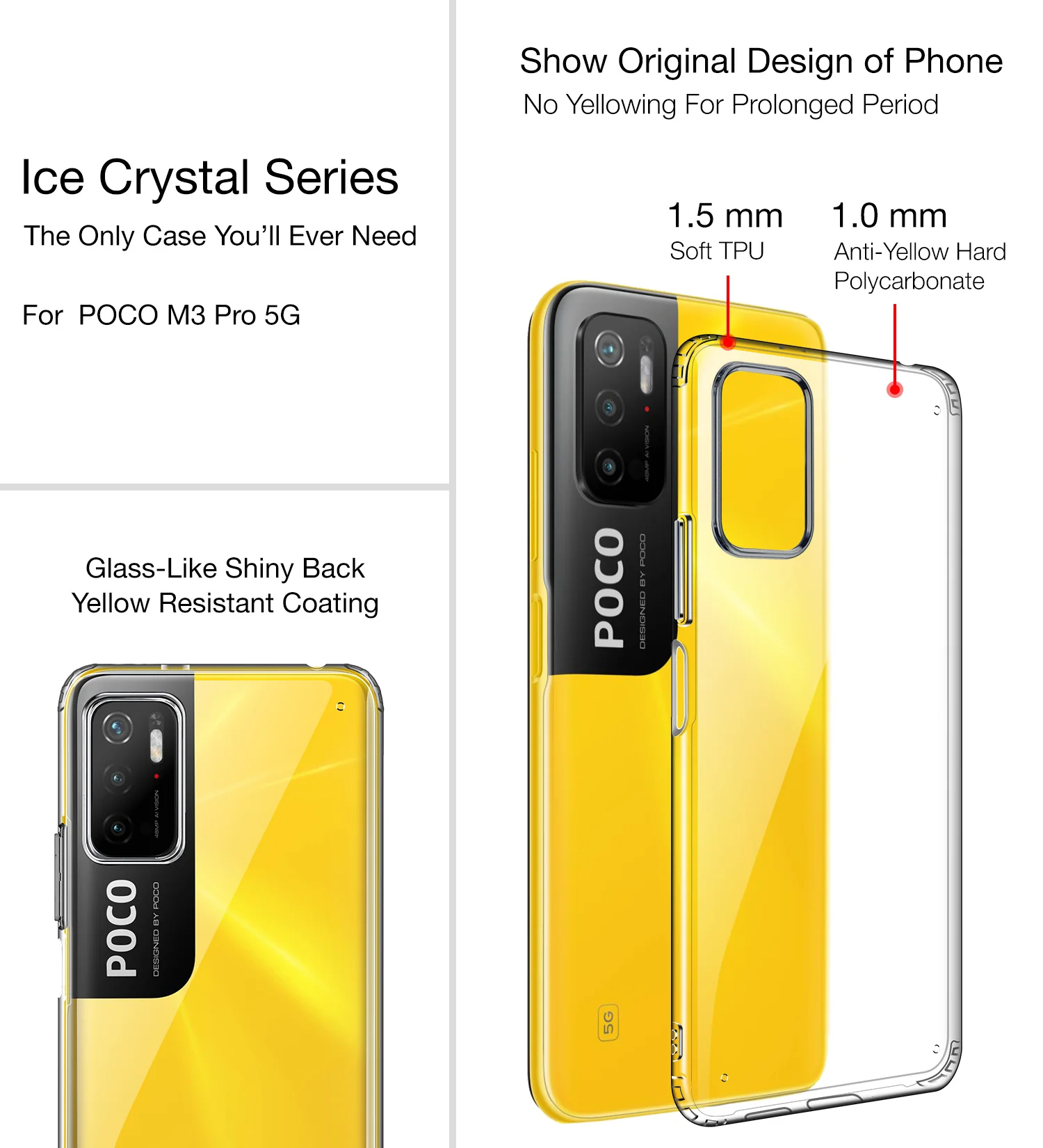 Poco M3 Pro 5G (6.5 inch) Back Cover | Ice Crystal Series [Anti Yellow], Black Clear - Image 2