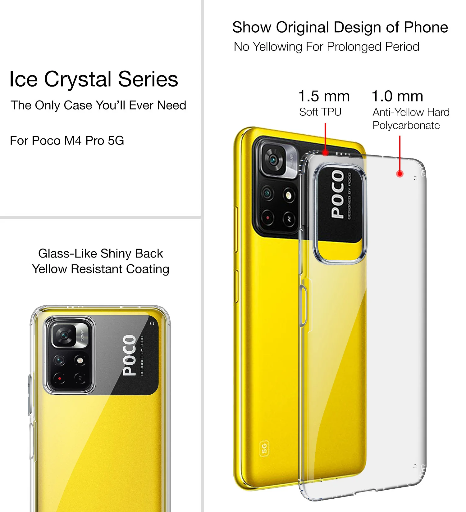 Redmi Note 11T 5G, Poco M4 Pro 5G (6.6 inch) Back Cover | Ice Crystal Series [Anti Yellow], Black Clear - Image 2