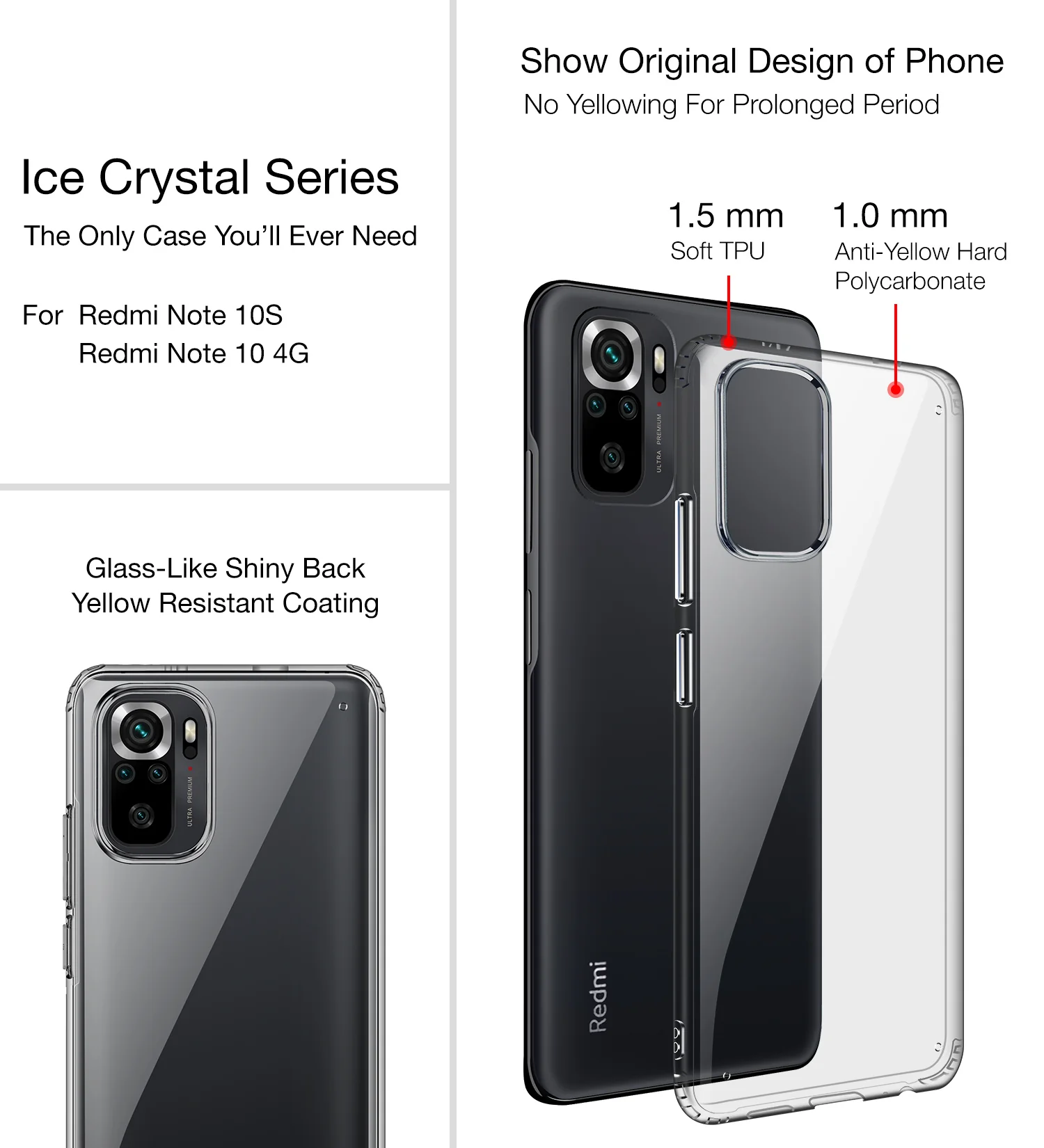 REDMI Note 11 SE, Xiaomi Redmi Note 10, Xiaomi Redmi Note 10S (6.43 inch) Back Cover | Ice Crystal Series [Anti Yellow], Black Clear - Image 2
