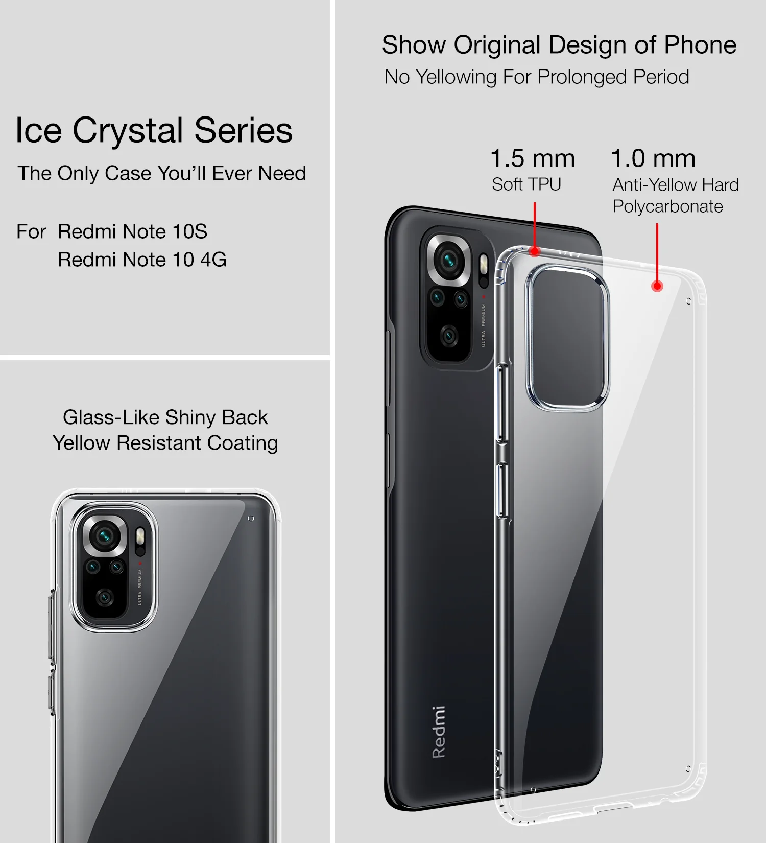 REDMI Note 11 SE, Xiaomi Redmi Note 10, Xiaomi Redmi Note 10S (6.43 inch) Back Cover | Ice Crystal Series, Crystal Clear - Image 2