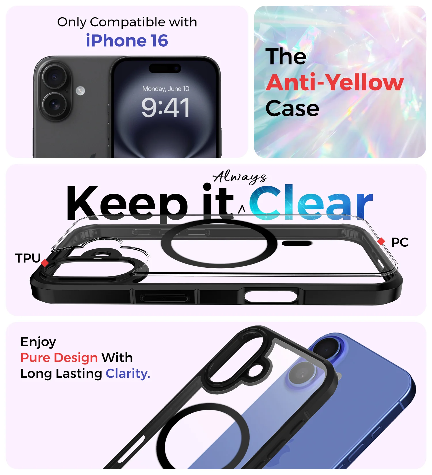 Apple iPhone 16 (6.1 inch) Back Cover | Ice Crystal MagSnap Series [Anti Yellow], (Transparent Black) - Image 2