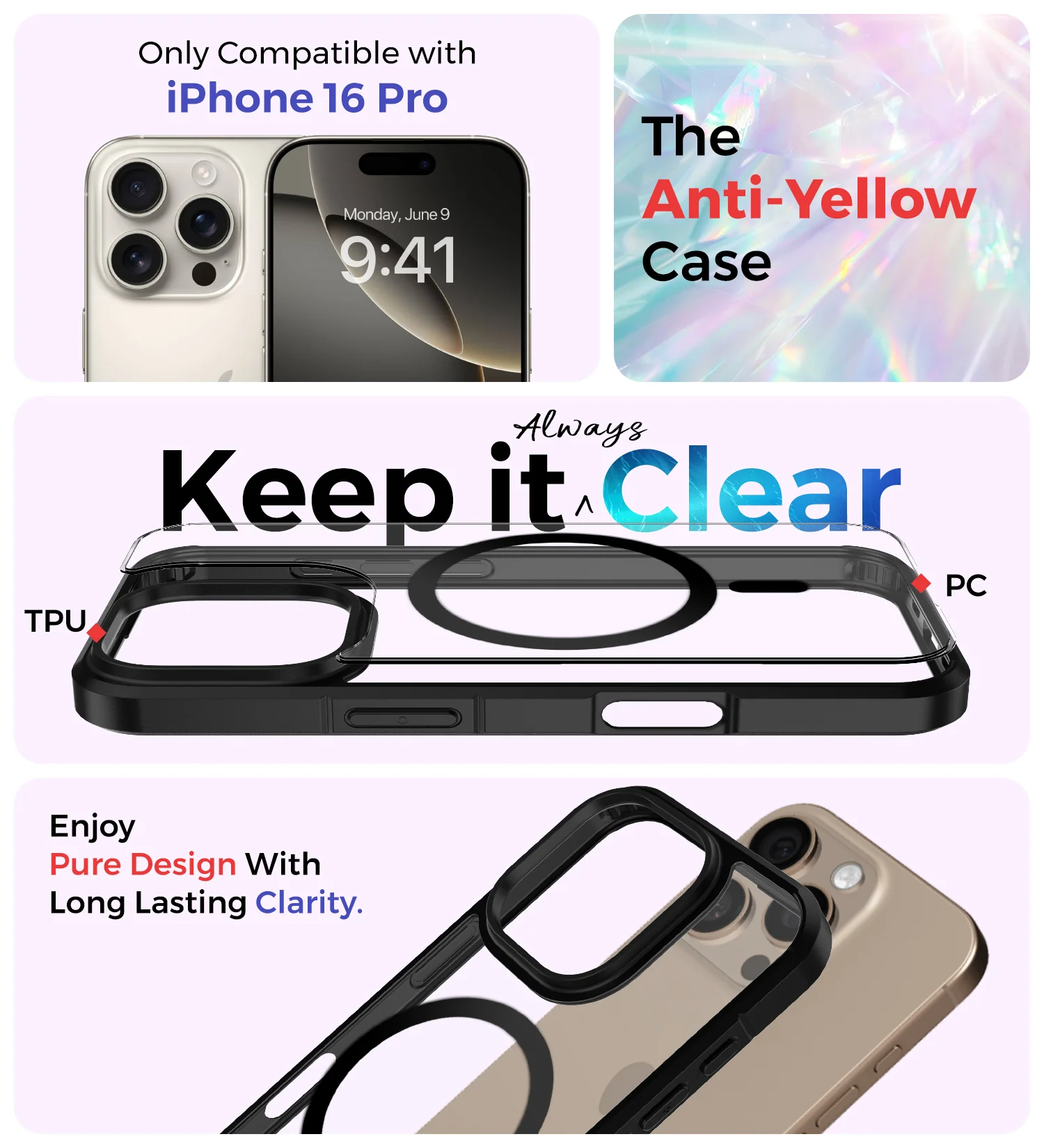 Apple iPhone 16 Pro (6.3 inch) Back Cover | Ice Crystal MagSnap Series [Anti Yellow], (Transparent Black) - Image 2