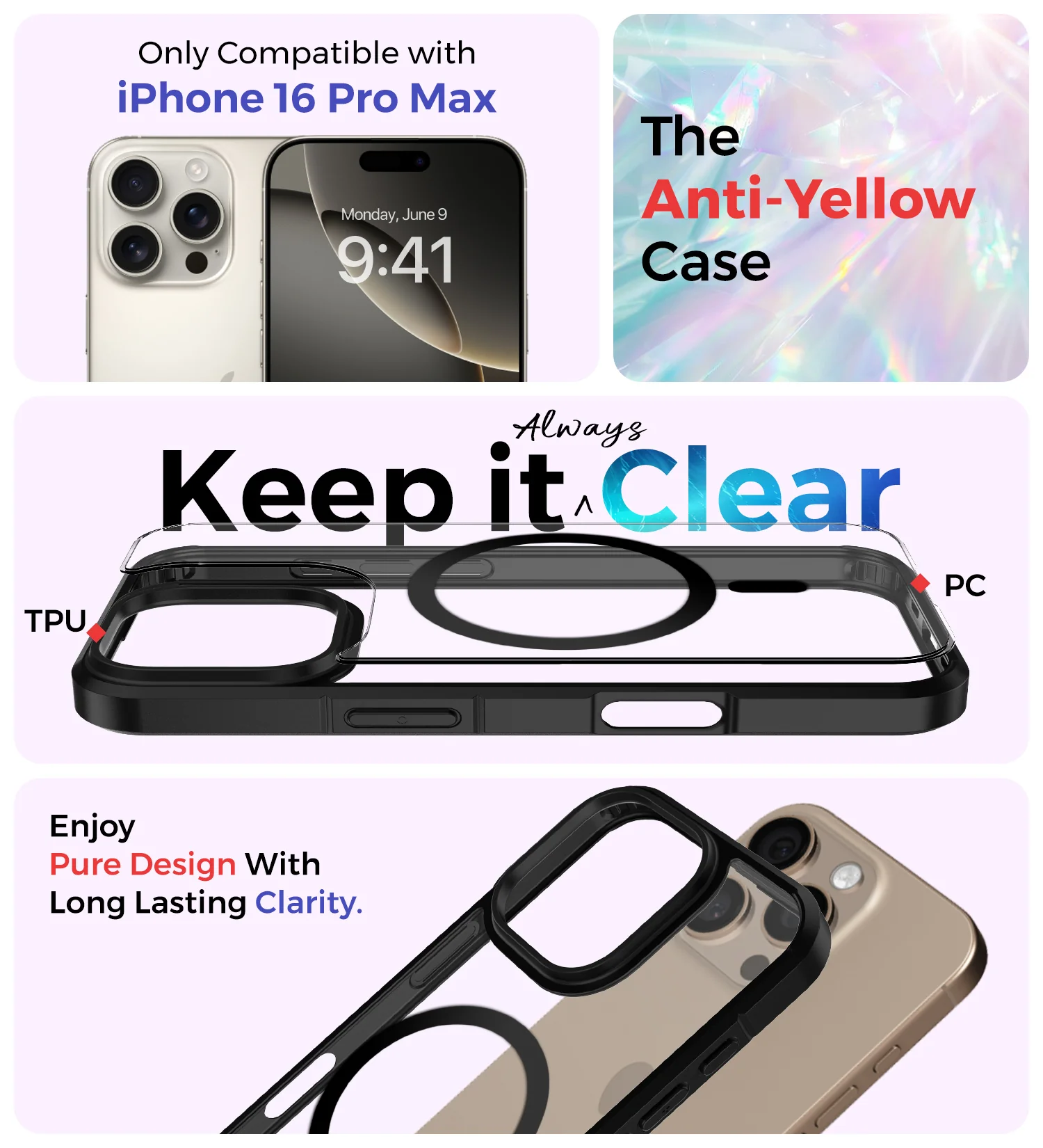 Apple iPhone 16 Pro Max (6.9 inch) Back Cover | Ice Crystal MagSnap Series [Anti Yellow], (Transparent Black) - Image 2
