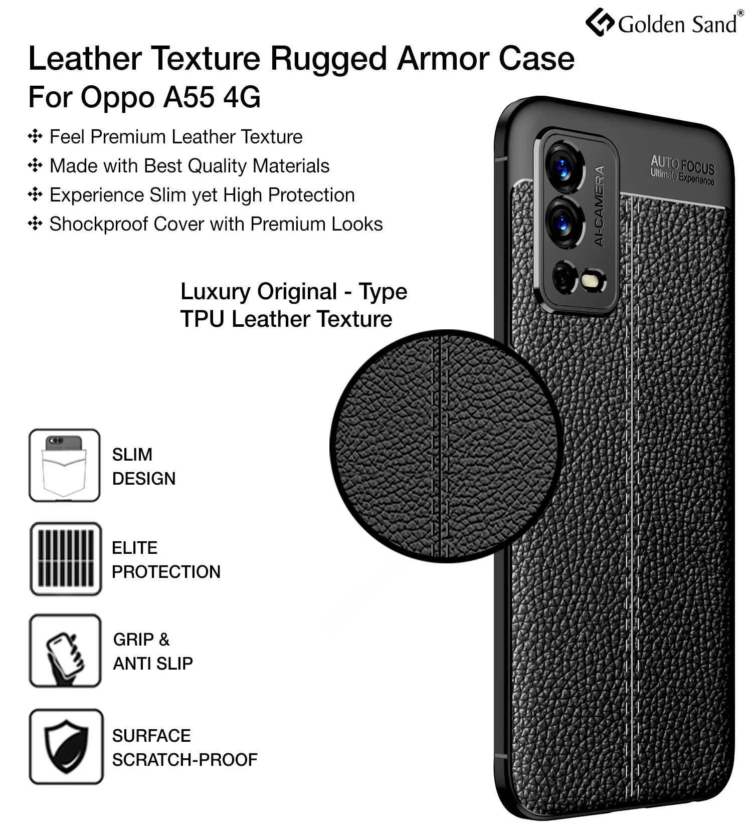 Oppo A55 (6.51 inch) Back Cover | Vegan Leather Series, Black - Image 2