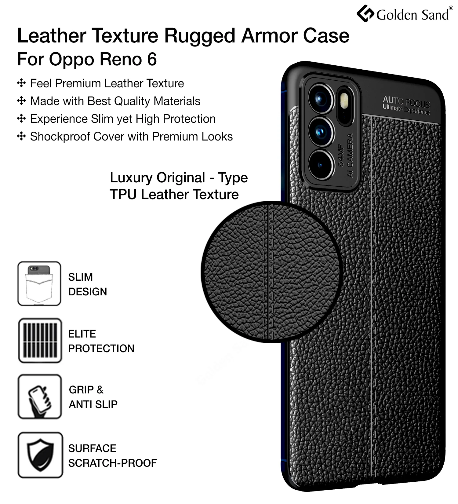 Oppo Reno6 5G [Not for Reno 6 Pro 5G] (6.43 inch) Back Cover | Vegan Leather Series, Black - Image 3