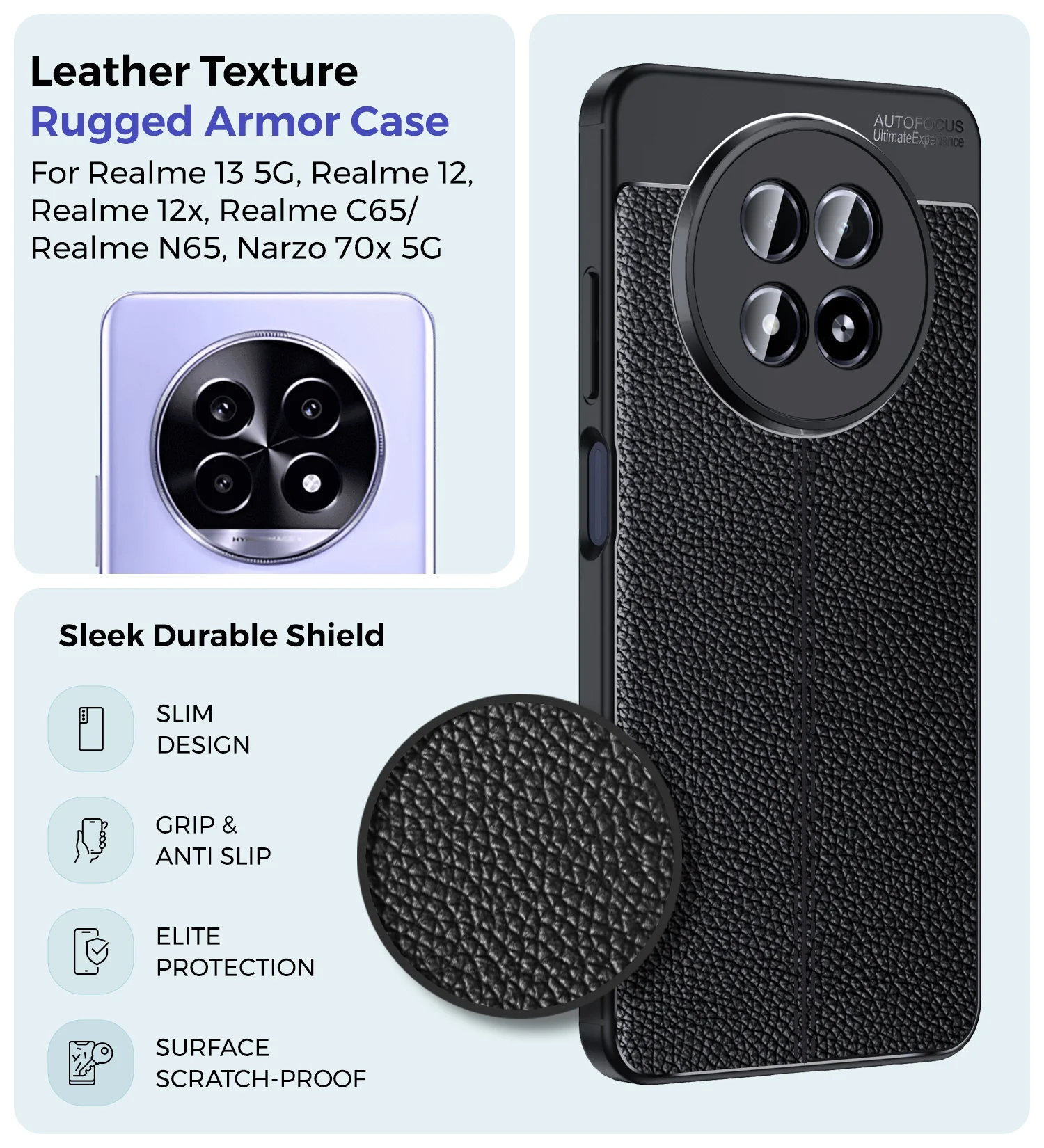 Realme 13 5G, realme 12 / realme 12x, Realme C65 / Realme N65, Narzo 70x 5G (6.72 inch) Back Cover | Vegan Leather Series, Black - Image 2