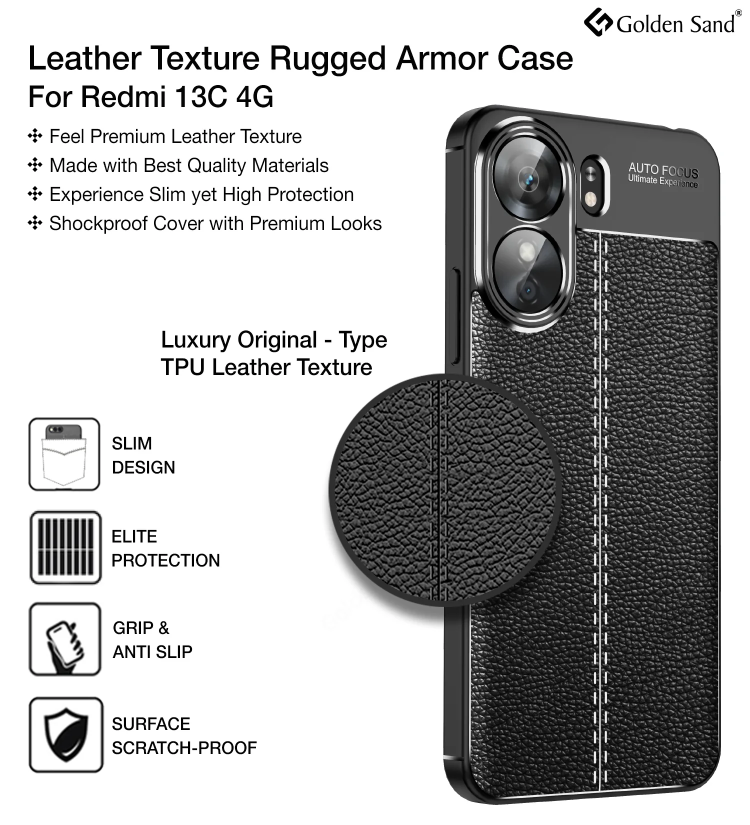 Redmi 13C 4G/ 5G, Poco M6 5G, Poco C65 4G (6.74 inch) Back Cover | Vegan Leather Series, Black - Image 3
