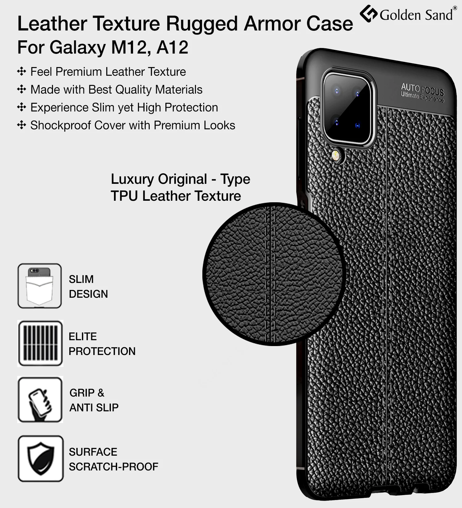 Samsung Galaxy A12, Samsung Galaxy M12, Samsung Galaxy F12 (6.5 inch) Back Cover | Vegan Leather Series, Black - Image 2