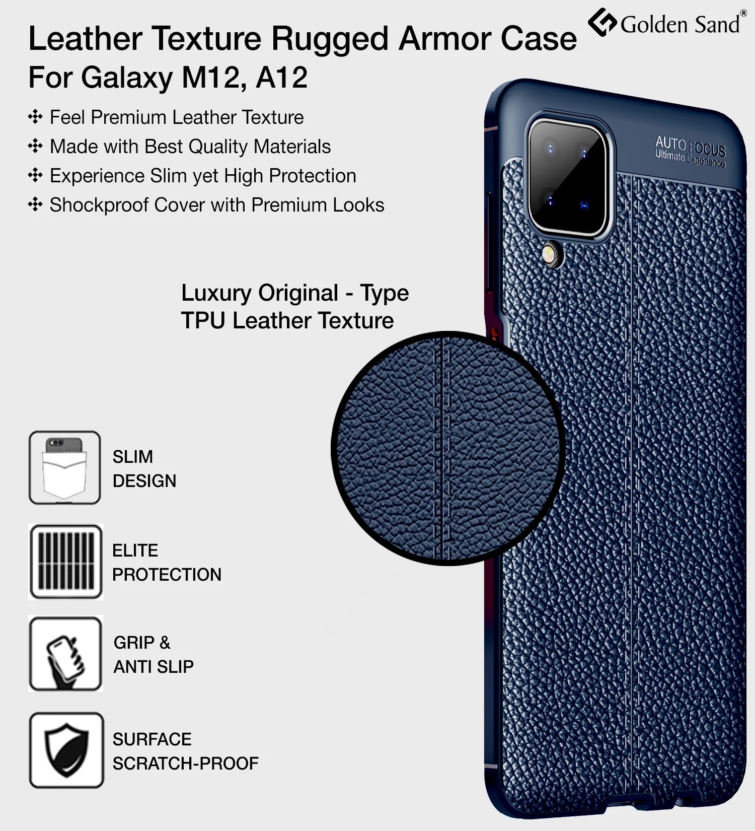 Samsung Galaxy A12, Samsung Galaxy M12, Samsung Galaxy F12 (6.5 inch) Back Cover | Vegan Leather Series, Blue - Image 2