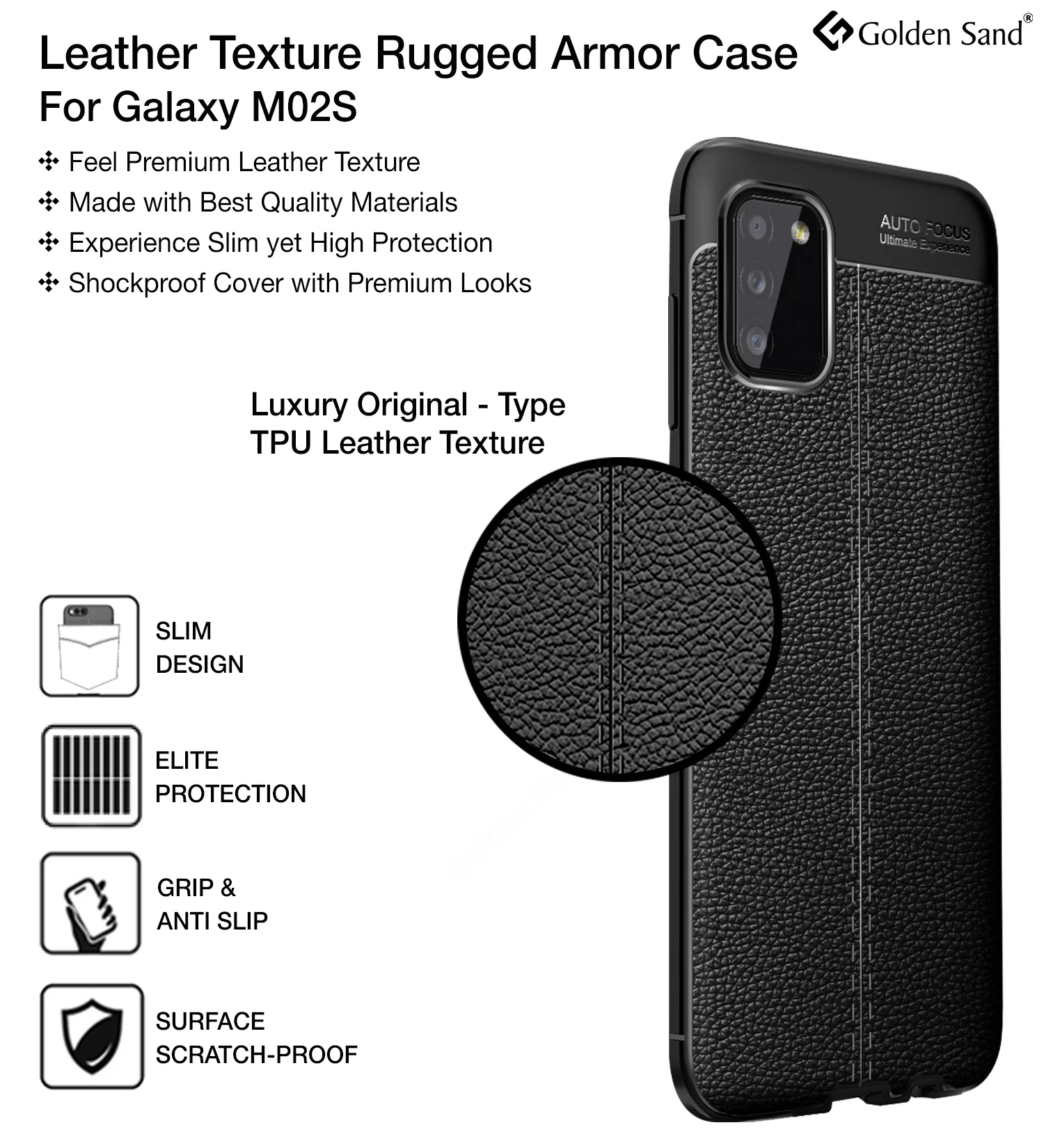 Samsung Galaxy M02s, Samsung Galaxy F02s (6.5 inch) Back Cover | Vegan Leather Series, Black - Image 2