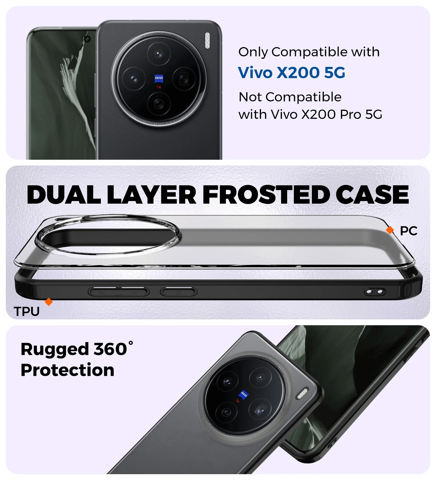 Vivo X200 5G (6.67 inch) Back Cover | Rugged Frosted Series, Black - Image 3