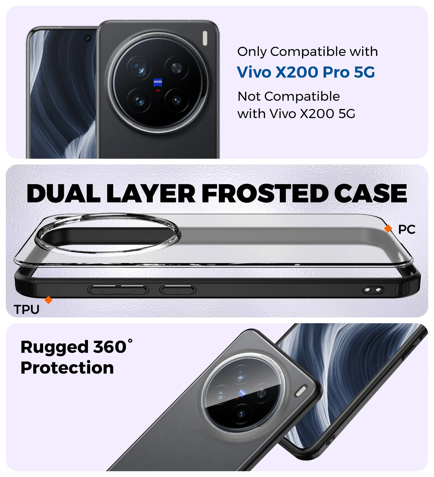 Vivo X200 Pro 5G (6.78 inch) Back Cover | Rugged Frosted Series, Black - Image 3